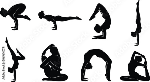 Fotografie Black silhouettes set of woman practicing advanced yoga poses gymnastics handsta