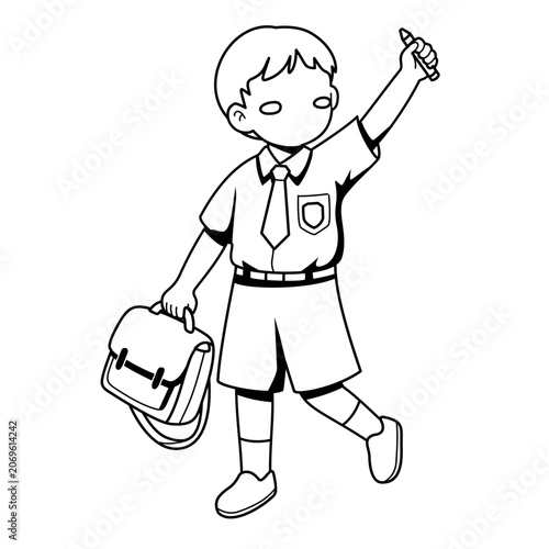 Happy Student Holding Crayon and Bag Going to School