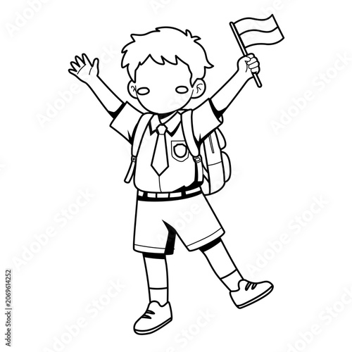 Happy School Boy Waves Flag with Backpack