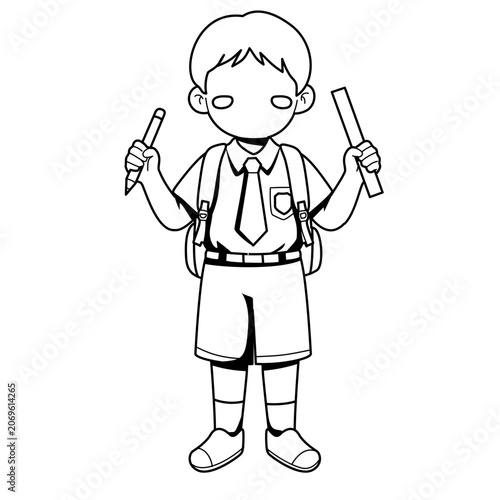 Boy Student Holding Pencil and Ruler Ready for School