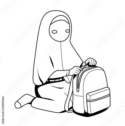 Young Muslim Girl Preparing School Backpack for Learning