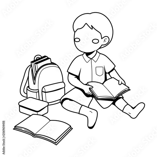 Child Reading a Book with Backpack and Supplies