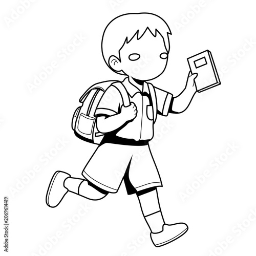 Young Schoolboy Running with Backpack and Book