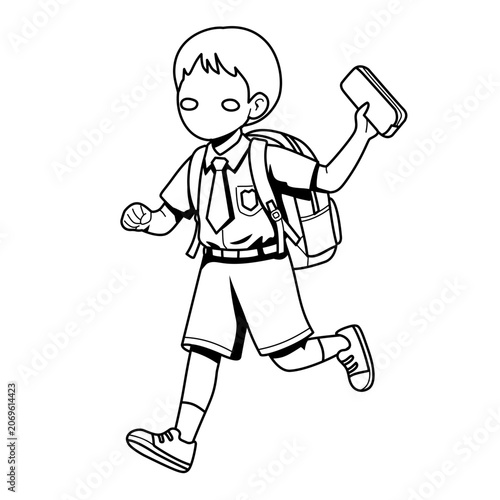 Young Student Running to School with Backpack and Book