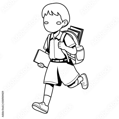Boy with Backpack and Book Rushing to School