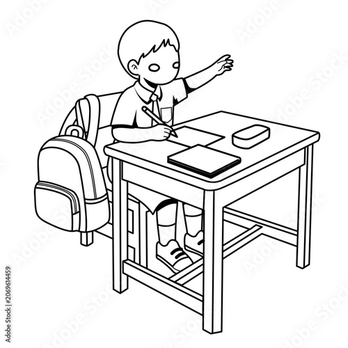 Student Raising Hand at Desk with Backpack Ready for School
