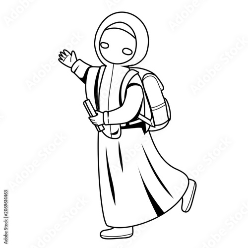 Muslim Girl Waving Hello with Backpack and Books