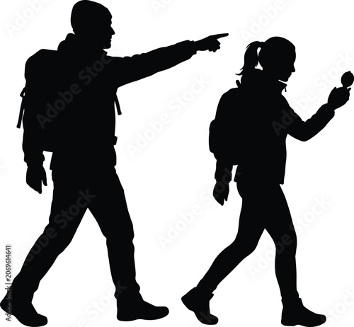Hikers with Backpack Silhouette Exploring Nature Using Magnifying Glass Vector Illustration