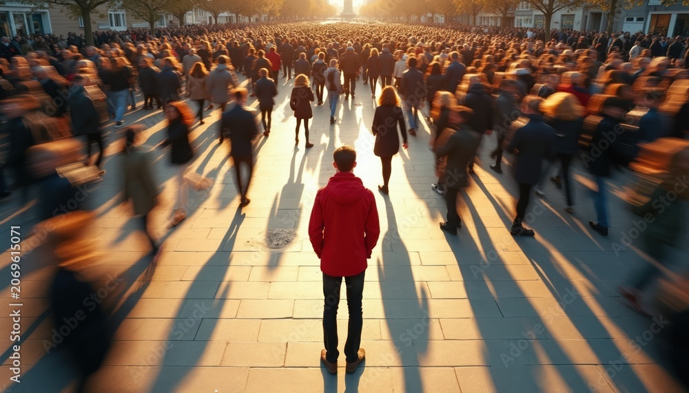 Obraz premium Man stands still in red jacket facing crowd moving past. People walk in one direction blur, lone person sharp, opposite flow. Crowd motion blur contrasts solitary figure.