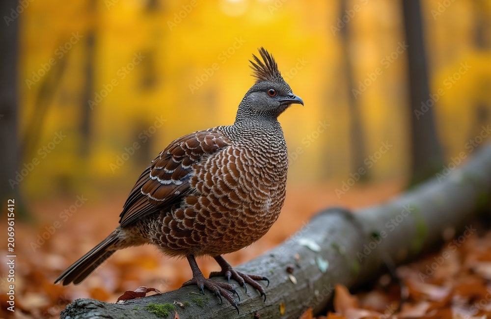 Obraz premium Ruffed grouse bird sits on fallen log in forest during autumn. Its brown patterned feathers blend with fallen leaves under warm yellow trees. Wild bird is still. Nature scene.