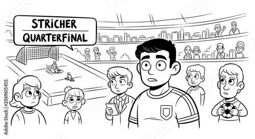 Young boy watching intense soccer quarterfinal match cartoon.