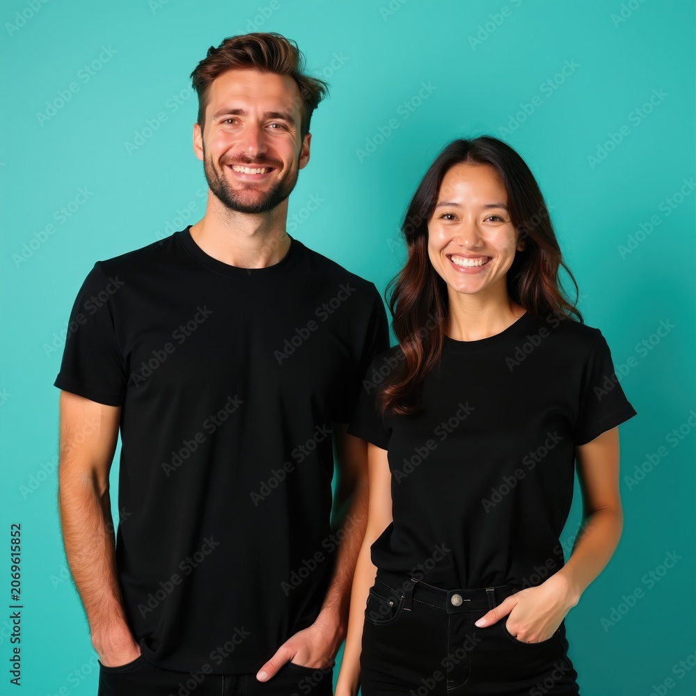Fototapeta premium Man and woman wear black t-shirts. Couple smiles against turquoise background. Friends pose with hands in pockets. Diverse pair show unity and style. Casual fashion outfit.