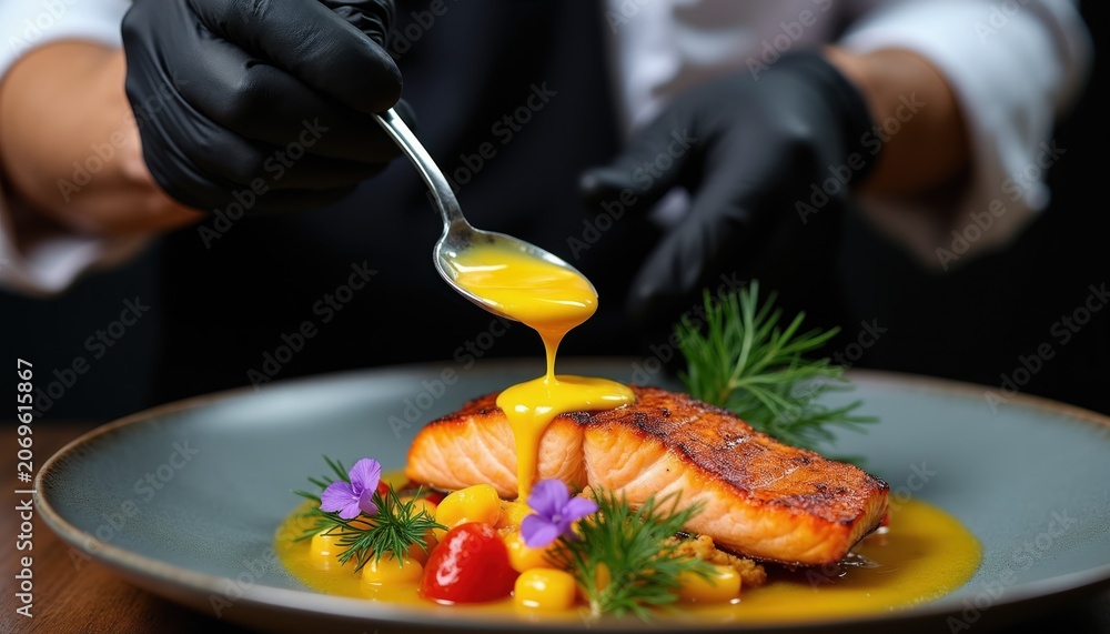 Fototapeta premium Chef adds bright sauce to cooked salmon fillet on gray plate. Fish with yellow sauce garnished with cherry tomatoes, purple flowers, herbs, and pineapple chunks.