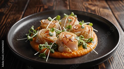Pan seared scallops with orange puree and microgreens.