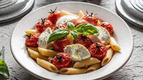 Penne pasta with roasted cherry tomatoes and fresh mozzarella.