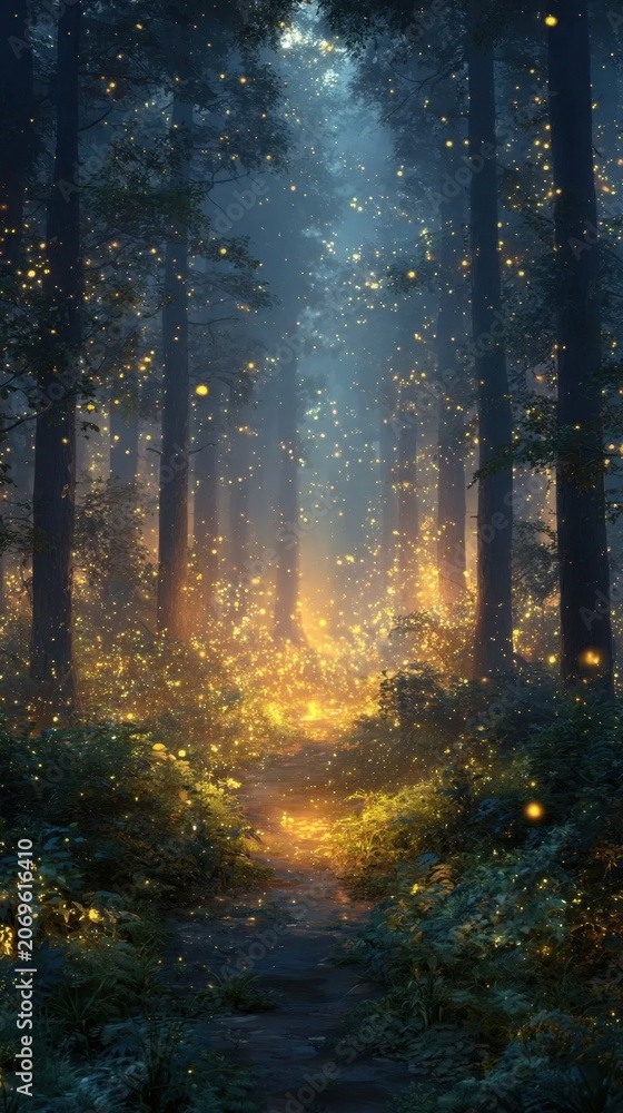 Fototapeta premium Enchanting forest pathway illuminated by a million glowing fireflies creating a magical atmosphere with soft golden and blue hues at twilight hours