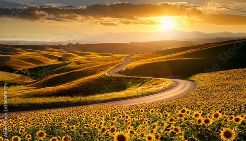 Sunflower Field And Winding Road At Golden Hour