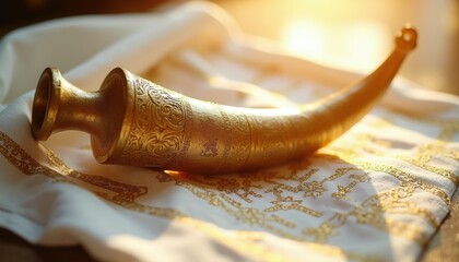 Golden shofar horn rests on white cloth with gold embroidery. Rosh Hashanah Jewish New Year, Shabbat traditions. Used for religious observances prayer, holidays. Evokes spiritual feelings solemnity,