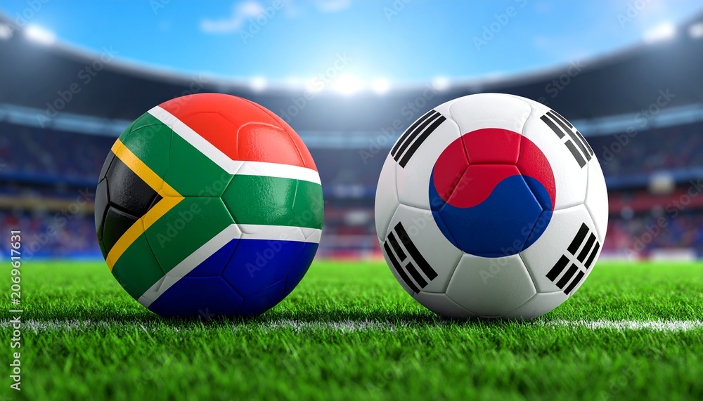 Fototapeta premium Two soccer balls in flags colors on a stadium blurred background. South Africa vs South Korea. 3D image.