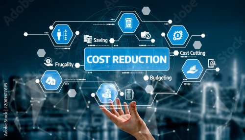 Schilderij op canvas A hand reaches toward digital icons symbolizing cost reduction strategies such as saving, budgeting, and frugality in a contemporary business setting