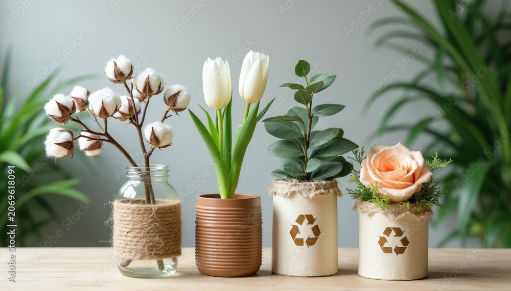 Fototapeta premium Four decorative recycled containers hold plants and flowers. Cotton plant, white tulips, green leaves, and peach rose. Containers decorated with twine and recycling symbols on wooden surface.
