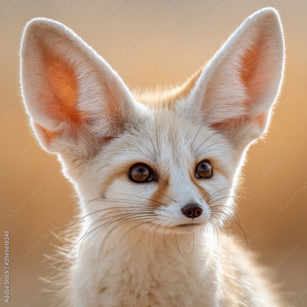 Fototapeta premium Portrait of a young fennec fox with large ears glowing in soft natural light against a smooth warm beige background in desert habitat setting