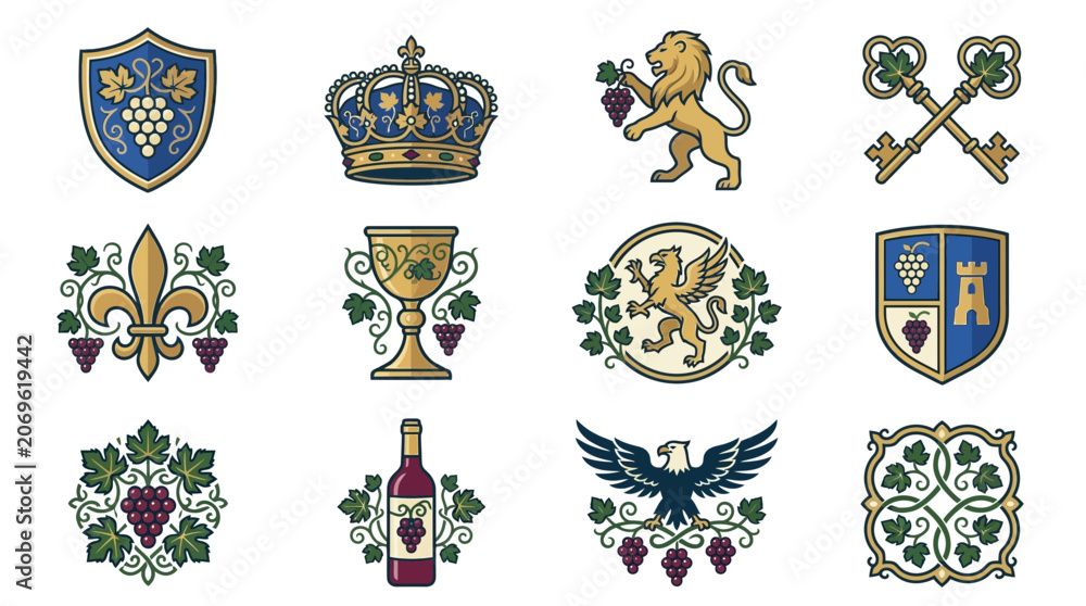 Fototapeta premium Collection of Traditional Heraldic Symbols for Vineyard and Wine Branding