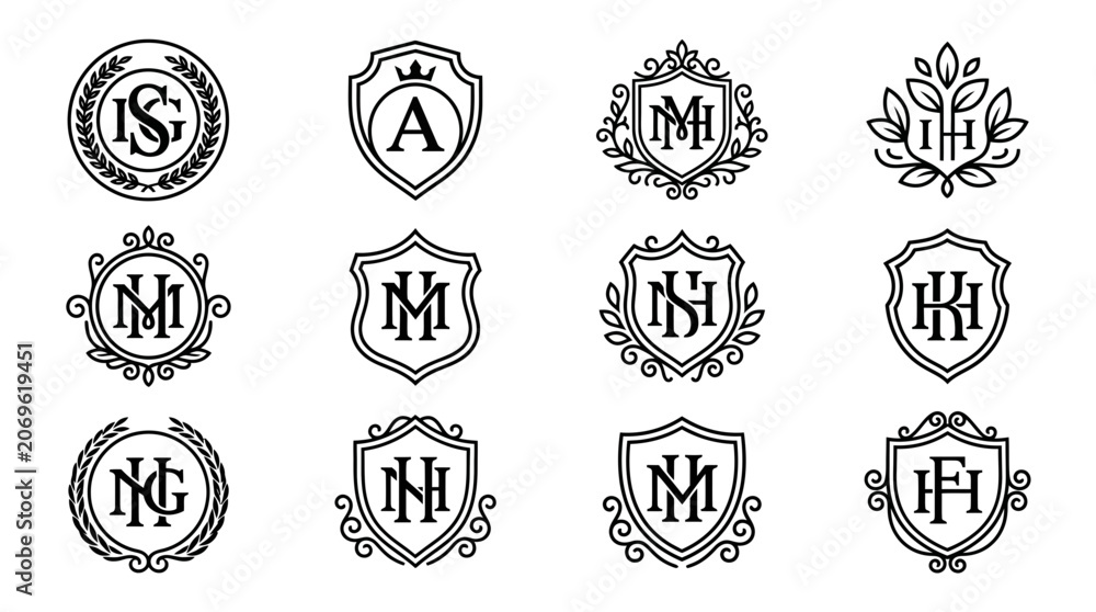 Fototapeta premium Collection of Vintage Heraldic Crests and Minimalist Monogram Logo Emblems