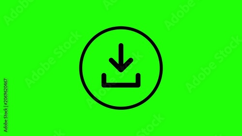 A minimalist black download icon animation with a downward arrow motion, set on a green background suitable for chroma key compositing