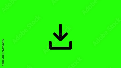 A minimalist black download icon animation with a downward arrow motion, set on a green background suitable for chroma key compositing