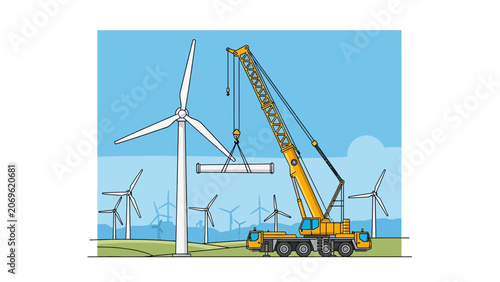 Wind Turbine Construction Vector Illustration with Mobile Crane and Sustainable Wind Farm