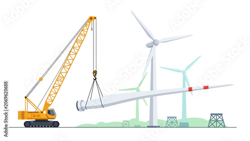 Yellow Crawler Crane Installing Wind Turbine Blade at Renewable Energy Wind Farm