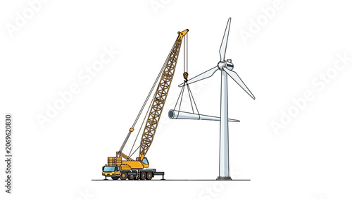 Mobile Crane Installing Wind Turbine Blade Illustration, Renewable Energy Construction and Heavy Machinery on White Background
