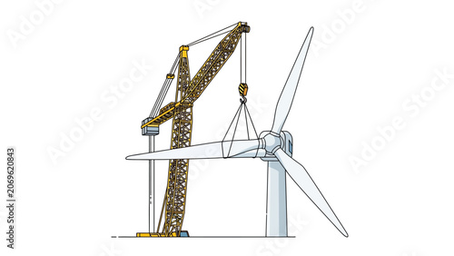 Wind Turbine Installation Vector with Construction Crane