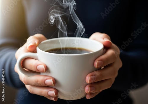 A close-up view of elegant fingers gently holding a white ceramic mug filled with dark coffee, showing steam rising in a cozy atmosphere, blurred, wood, soft