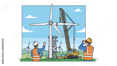 Illustration of Engineers Constructing and Inspecting a Wind Turbine with a Crane on a Wind Farm