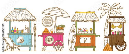 Foto Beach food stall and bar collection with tropical hut designs and fresh fruit carts icons