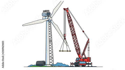 Wind Turbine Construction and Maintenance with Heavy Duty Crane Vector Illustration