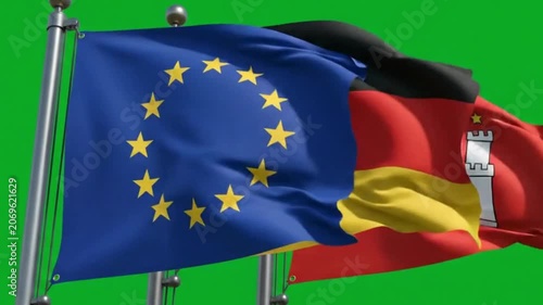 European union, german, and hamburg flags waving against a green screen background