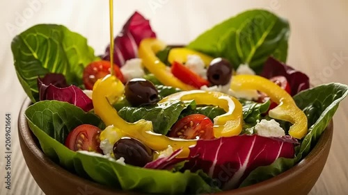 Pouring Olive Oil Dressing on a Fresh Healthy Greek Salad.