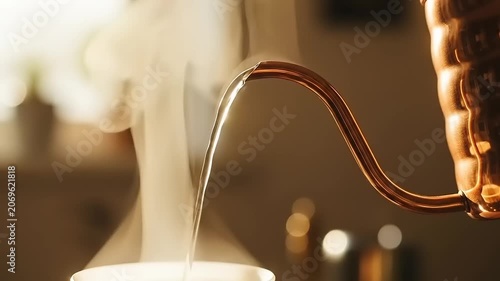 Pouring Steaming Hot Water from a Copper Gooseneck Kettle.