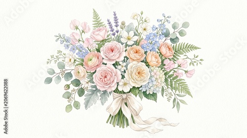 Watercolor floral wedding bouquet with soft pastel roses and greenery