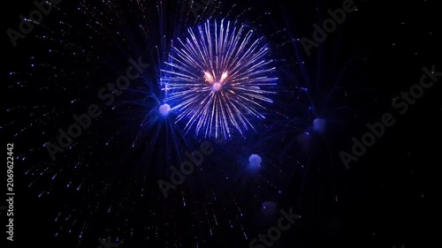 Vibrant blue and purple fireworks explode against a dark night sky, creating a dazzling spectacle.