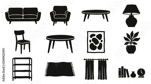 Collection of various home furniture and decor items in black silhouette style.