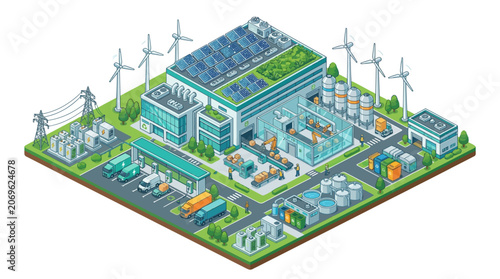 Eco-Friendly Industrial Complex Isometric Illustration