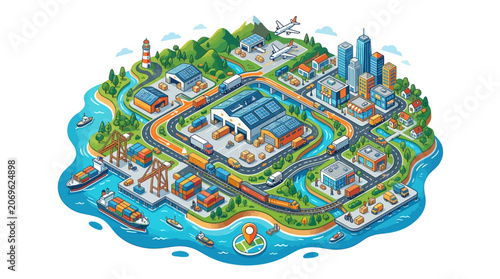 Isometric Logistics and Transportation Network Illustration