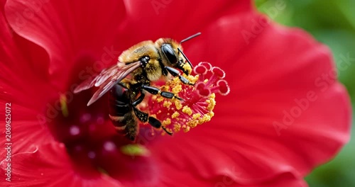 Bee collecting pollen on bright red flower macro close up

