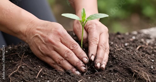 Human hands planting green seedling into soil in outdoor garden, eco friendly growth concept
