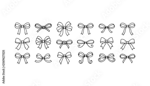 Set of hand drawn outline doodle bows. beautiful bows for any holiday gift. vector illustration.