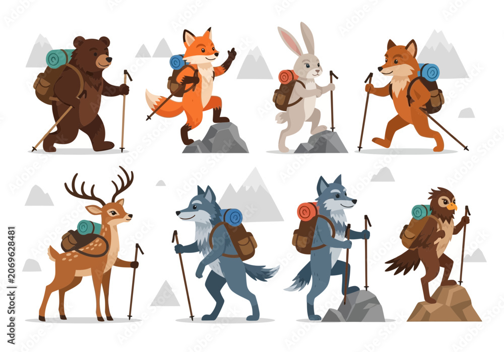 Fototapeta premium Hiking Animals: Cartoon Wildlife Backpacking in Mountain Nature